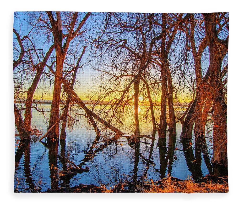 Autumn Fleece Blanket featuring the photograph Twisted Trees, bare trees on Barr Lake, during sunset, in Barr Lake State Park, Brighton, CO Spring by Tom Potter