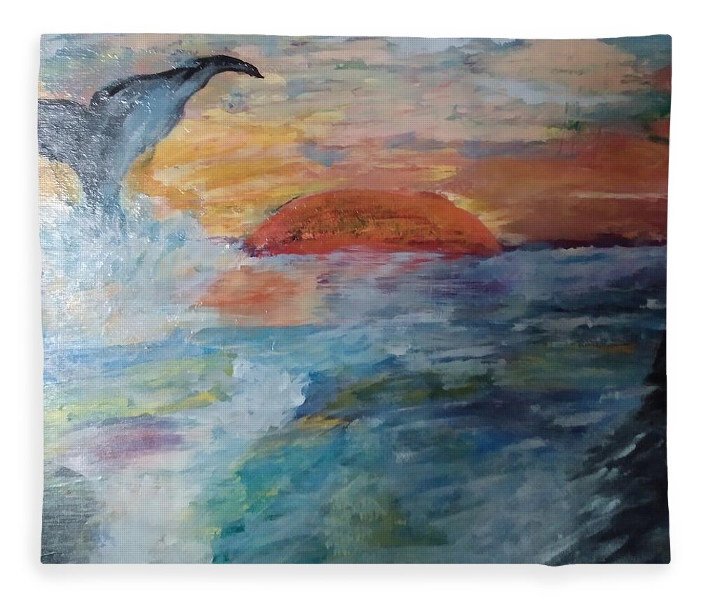 Whale Fleece Blanket featuring the painting Whale at Sunset by Suzanne Berthier