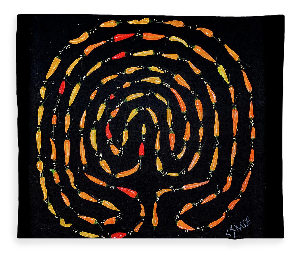Chilis Fleece Blanket featuring the painting 100 Chili Labyrinth by Cyndie Katz