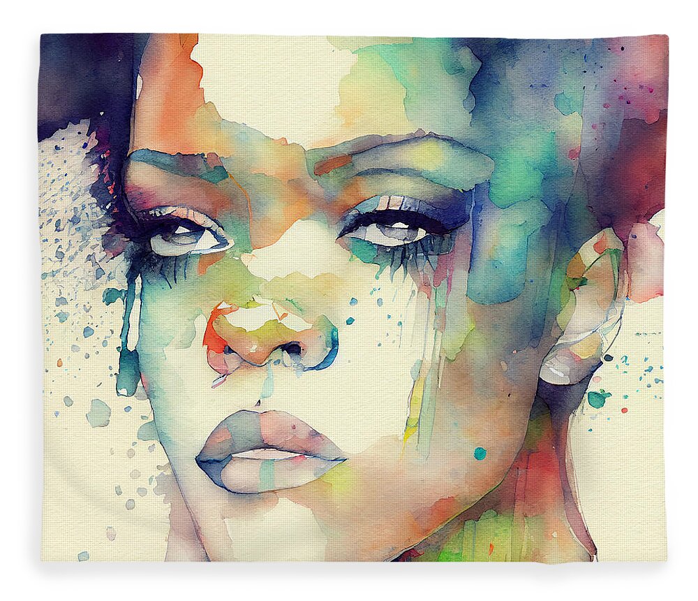 Rihanna Fleece Blanket featuring the mixed media Watercolour Of Rihanna #13 by Smart Aviation
