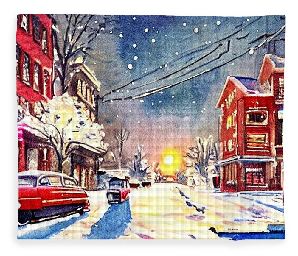 Watercolor Fleece Blanket featuring the painting 1950s Streetscape in Winter - 2 by Christopher Lotito