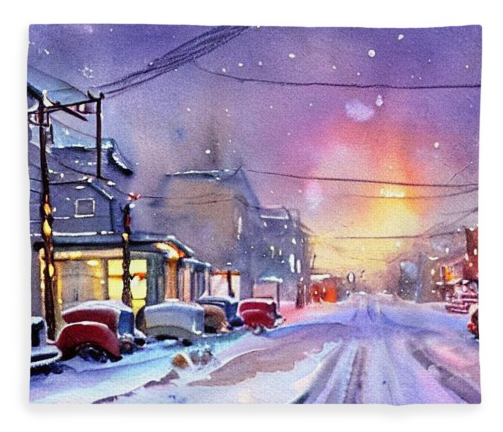 Watercolor Fleece Blanket featuring the painting 1950s Streetscape in Winter by Christopher Lotito
