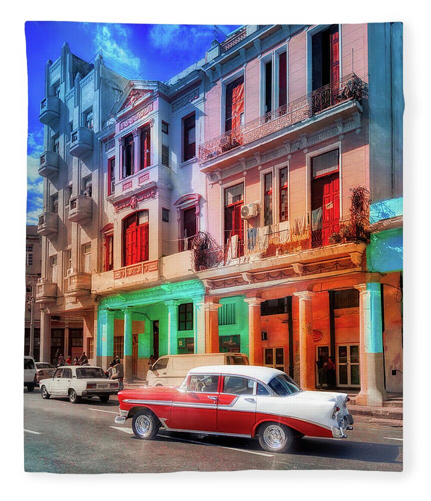 La Habana Fleece Blanket featuring the photograph 1956 Chevy Bel Air and the black light by Micah Offman