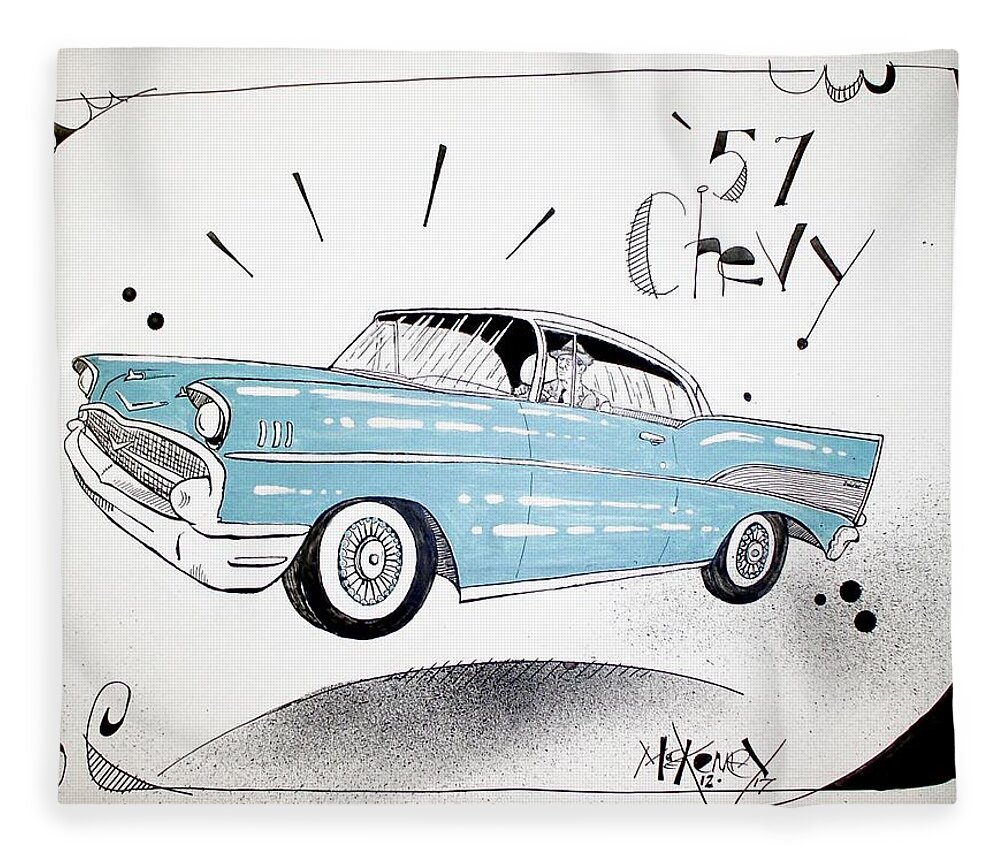  Fleece Blanket featuring the drawing 1957 Chevy by Phil Mckenney