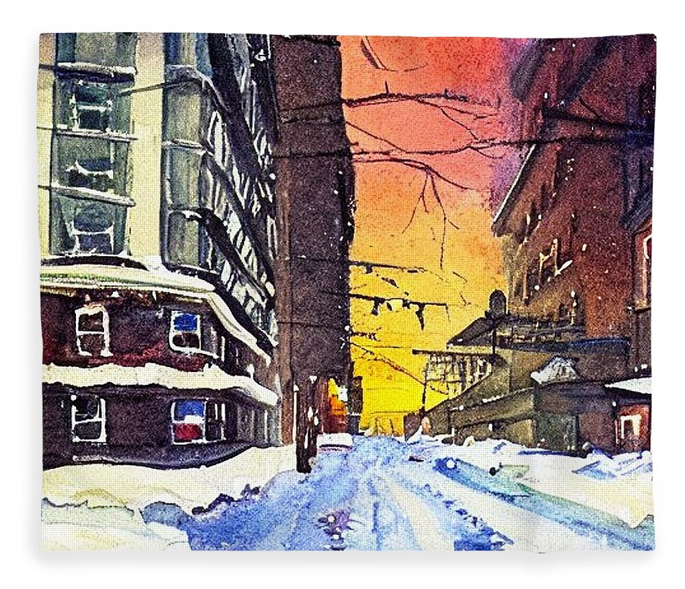 Watercolor Fleece Blanket featuring the painting 1960s Hackensack in Winter by Christopher Lotito