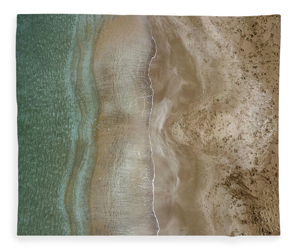 Golden Sand Fleece Blanket featuring the photograph Aerial view drone of empty tropical sandy beach with golden sand. Seascape background by Michalakis Ppalis