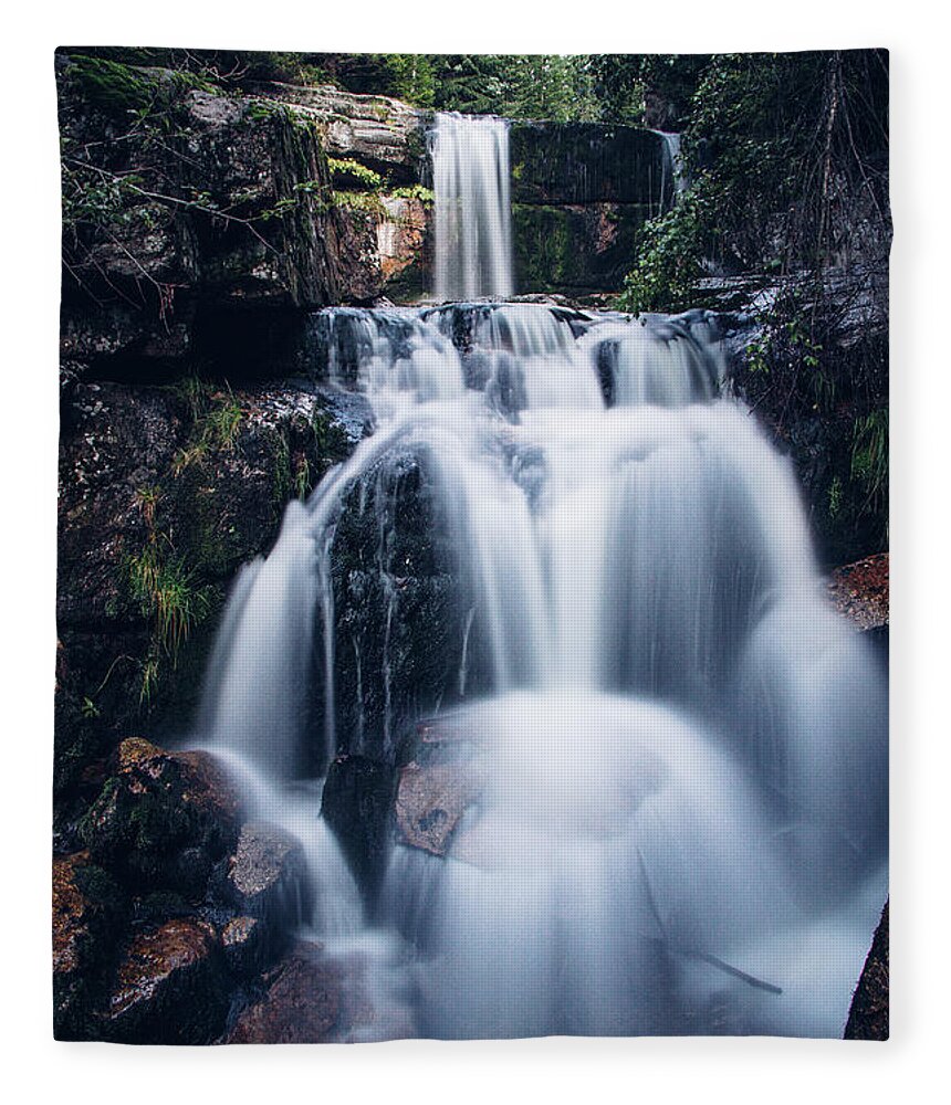 Jizera Mountains Fleece Blanket featuring the photograph Cascade of two large waterfalls on the small river Jedlova by Vaclav Sonnek