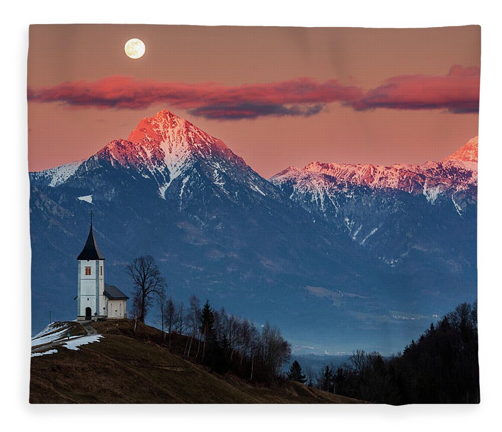 Jamnik Fleece Blanket featuring the photograph Full moon rising over Jamnik church and Storzic at sunset #2 by Ian Middleton