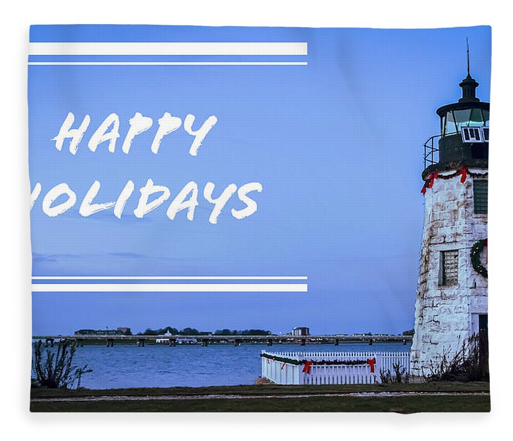 Happy Holidays From Goat Island Lighthouse Fleece Blanket featuring the photograph Happy Holidays from Goat Island Lighthouse by Christina McGoran