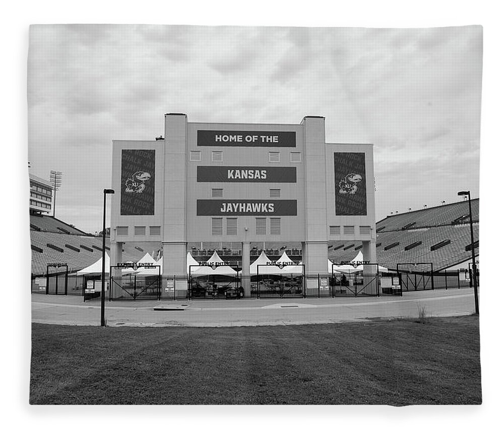 Kansas Jayhawks Stadium Fleece Blanket featuring the photograph Kansas Jayhawks football stadium in black and white by Eldon McGraw