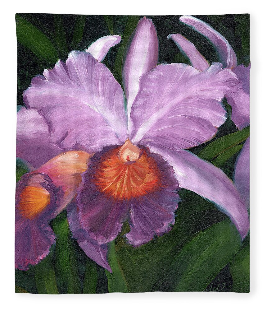 Orchid Fleece Blanket featuring the painting Lavender Orchid #2 by Alice Leggett
