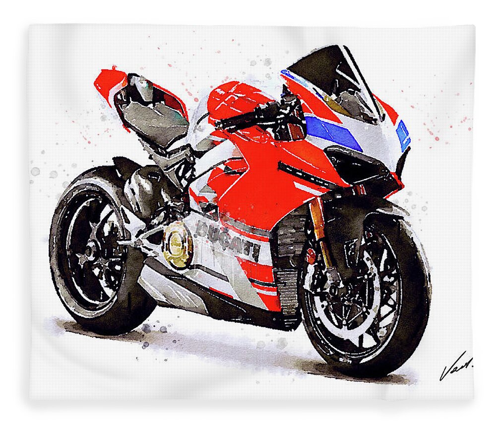Sport Fleece Blanket featuring the painting Watercolor Ducati Panigale V4S motorcycle, oryginal artwork by Vart #3 by Vart Studio