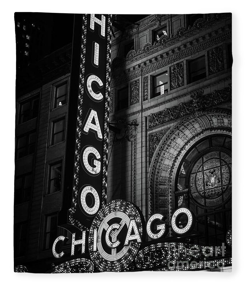 #faatoppicks Fleece Blanket featuring the photograph Chicago Theatre Sign in Black and White #3 by Paul Velgos