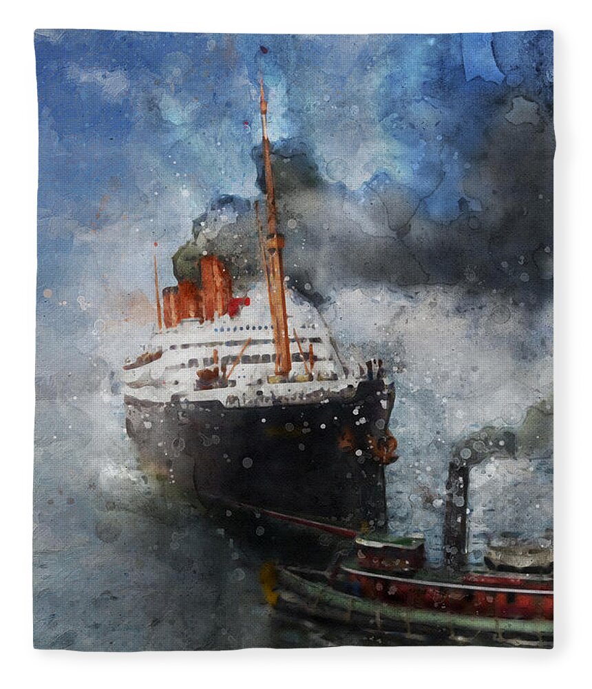 Steamer Fleece Blanket featuring the digital art R.M.S. Berengaria #3 by Geir Rosset