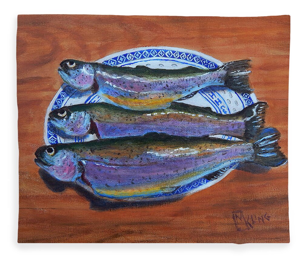 Trout Fleece Blanket featuring the painting 3 Trout on a Plate by Mike Kling