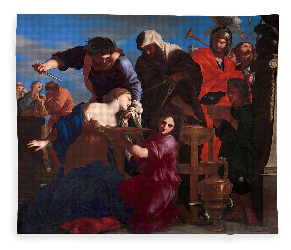 Giovanni Francesco Romanelli Fleece Blanket featuring the painting The Sacrifice of Polyxena by Giovanni Francesco Romanelli