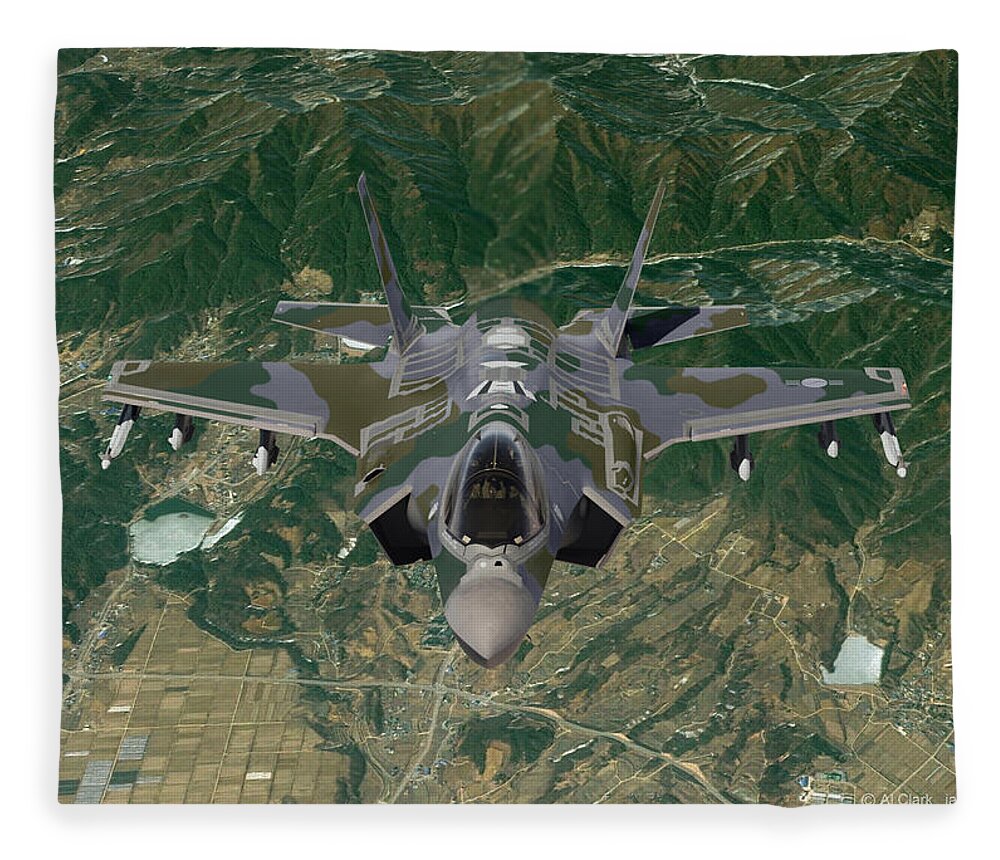 Lightning Fleece Blanket featuring the digital art 60. ROKAF F-35A Ground Support by Custom Aviation Art