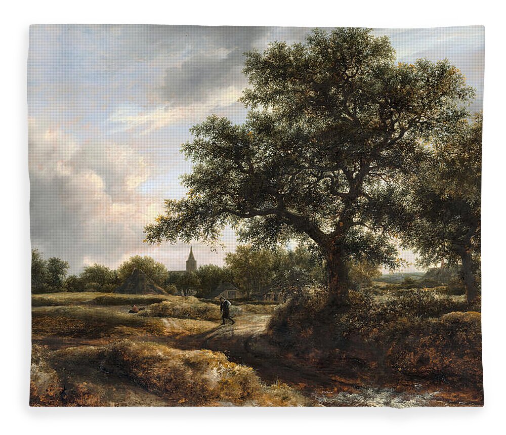 Hills Fleece Blanket featuring the painting Landscape with a Village in the Distance by Jacob van Ruisdael