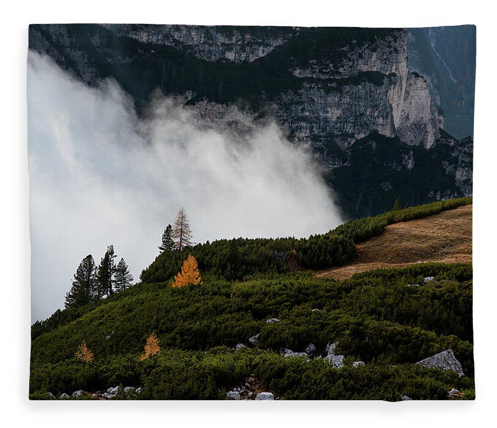 Italian Alps Fleece Blanket featuring the photograph Mountain landscape with fog in autumn. Tre Cime dolomiti Italy. by Michalakis Ppalis
