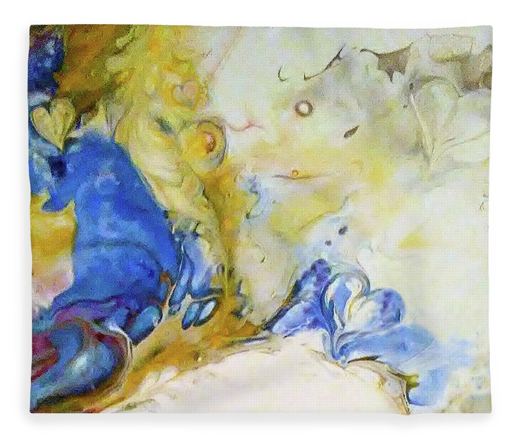 Abstract Nature Blues Yellows Hearts Fluid Acrylic Fleece Blanket featuring the painting 741 by Deborah Erlandson