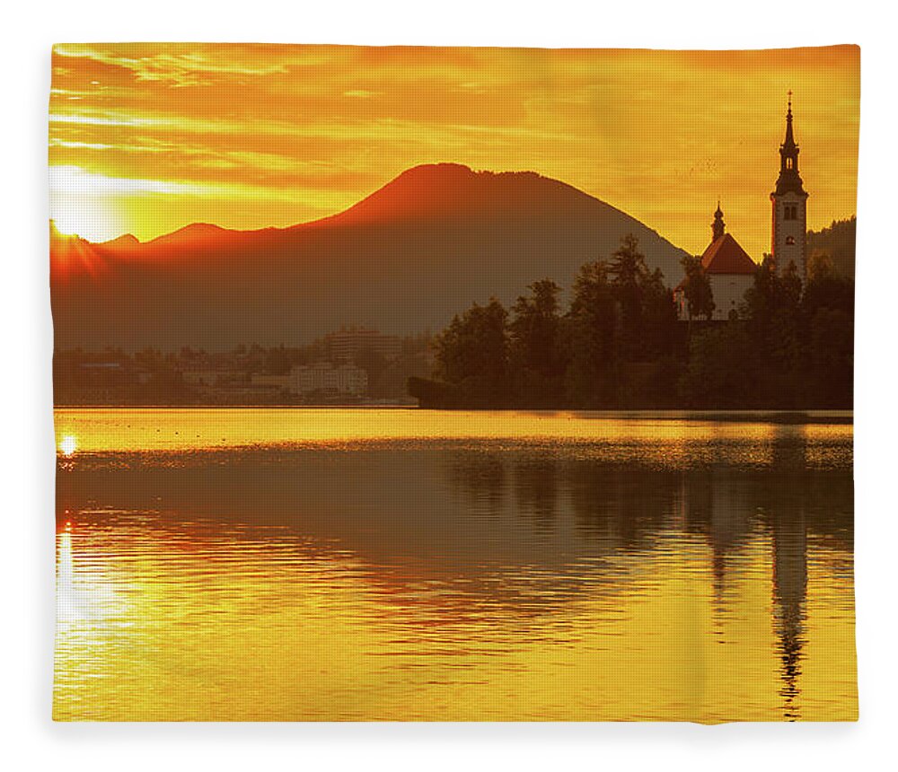 Bled Fleece Blanket featuring the photograph Sunrise at Lake Bled #8 by Ian Middleton