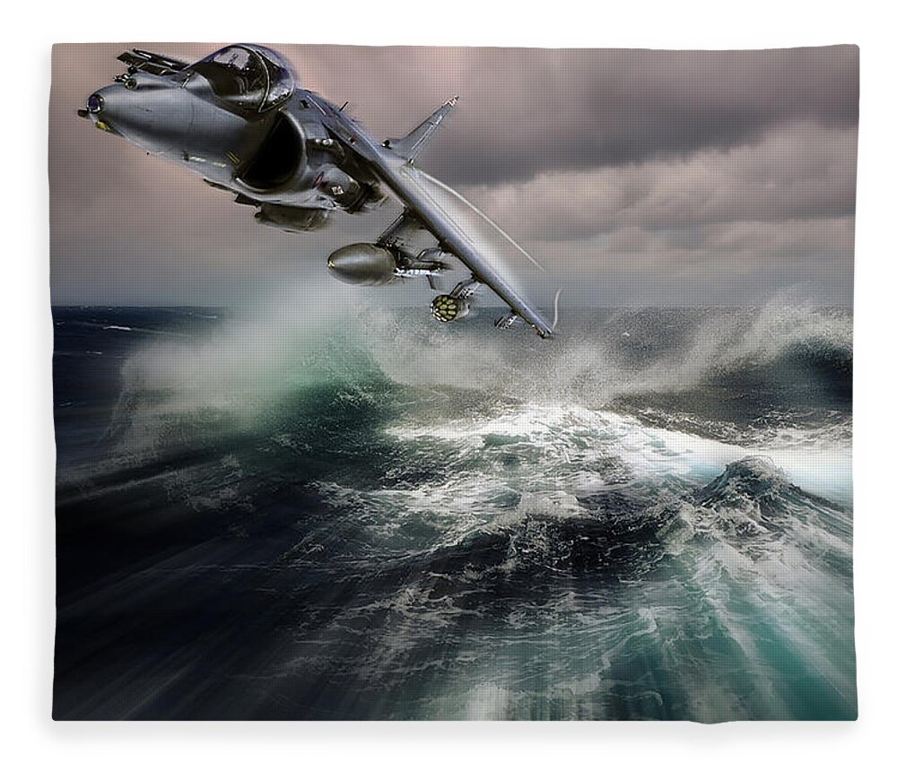 Harrier Fleece Blanket featuring the digital art British Aerospace Harrier II GR9 Low Pass by Custom Aviation Art