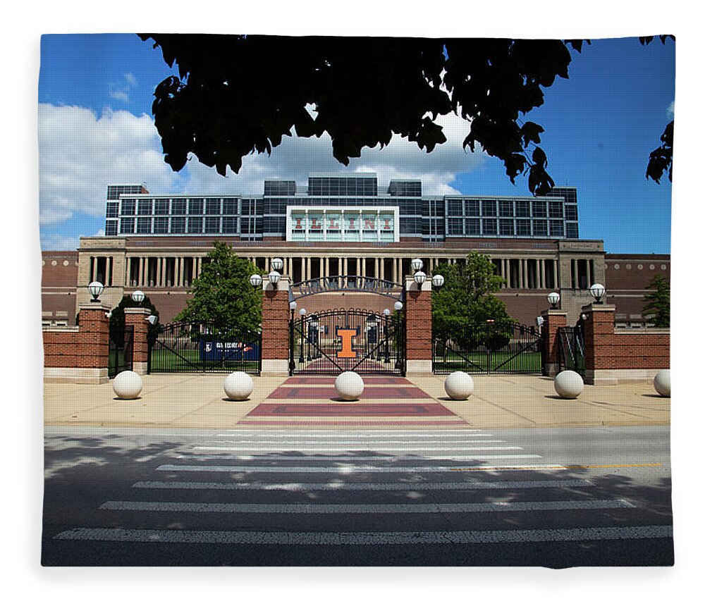 University Of Illinois Fleece Blanket featuring the photograph View with trees of Memorial Stadium at University of Illinois by Eldon McGraw