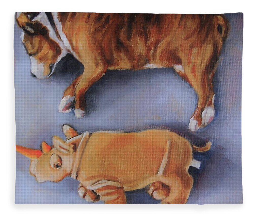 Dog Fleece Blanket featuring the painting A Boy And His Toy by Jean Cormier
