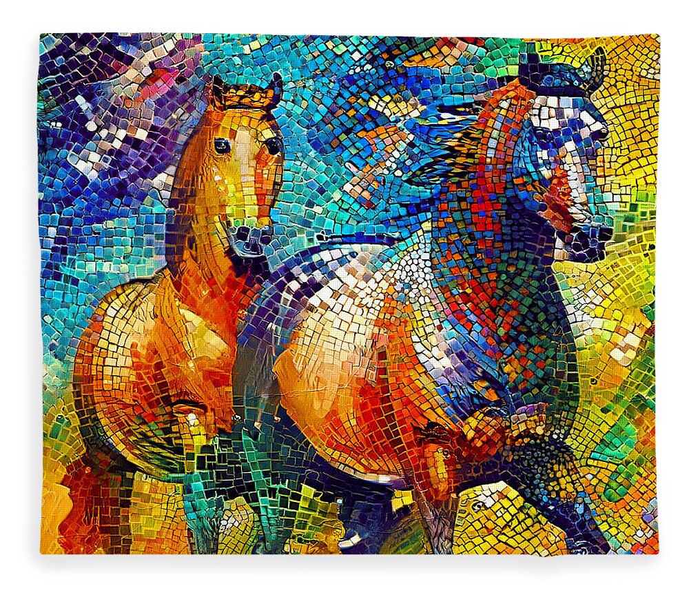 Horse Walking Fleece Blanket featuring the digital art A couple of horses walking - colorful mosaic by Nicko Prints