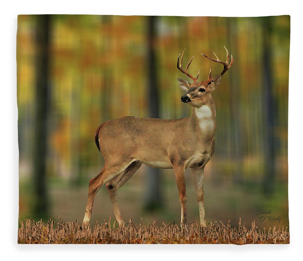Deer Fleece Blanket featuring the mixed media A Deer's Autumn Moment In The Forest by Sandi OReilly