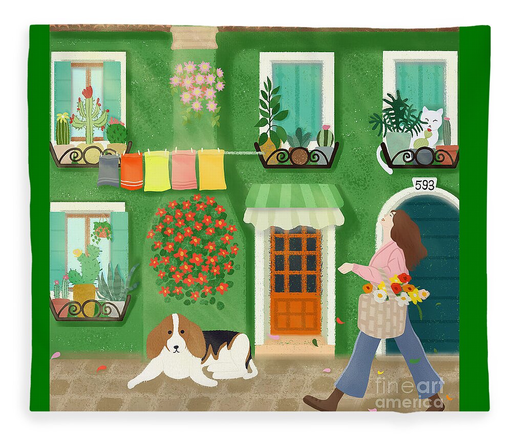 Houses Fleece Blanket featuring the drawing A girl with a basket of flowers by Min Fen Zhu