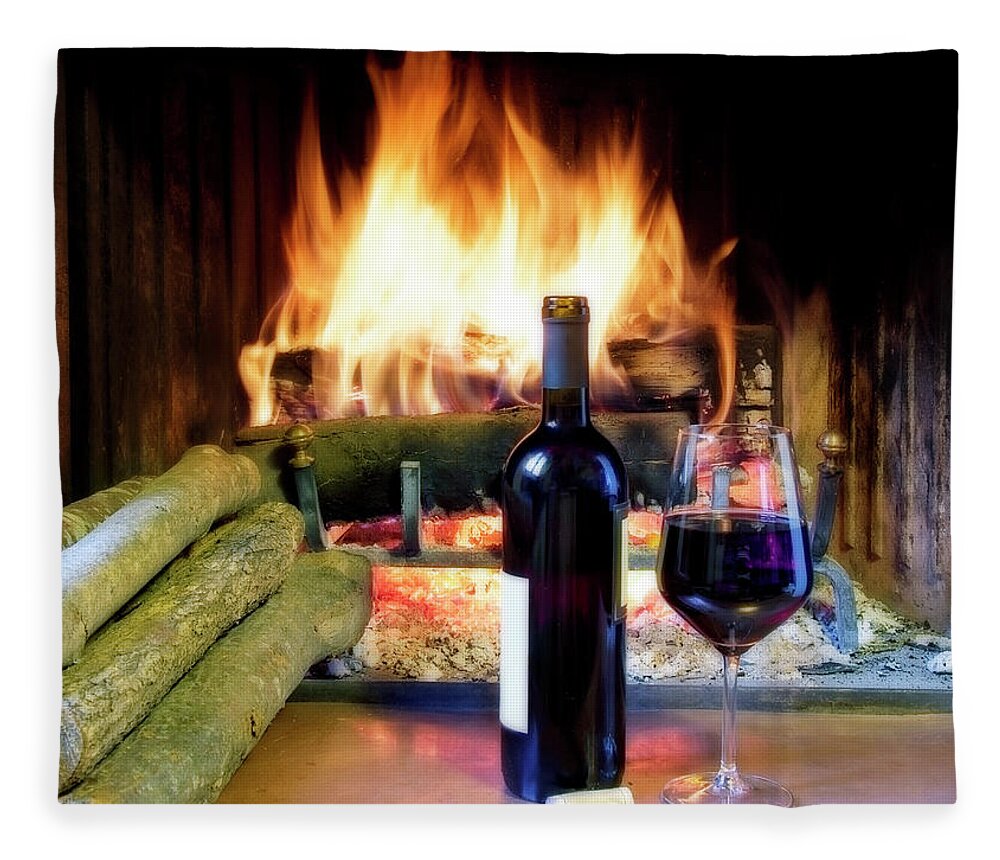 A Glass Of Wine In Front Of A Fireplace Fleece Blanket