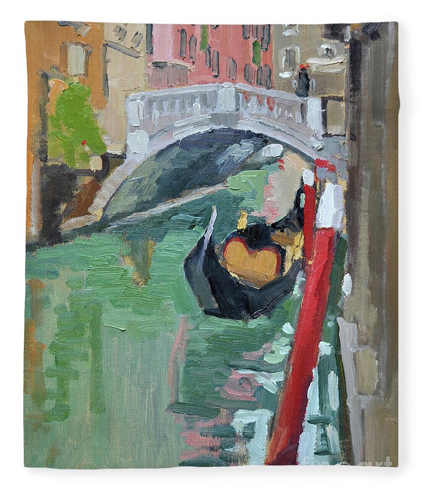 Gondola Fleece Blanket featuring the painting A Gondolier and his Gondola, Venice, Italy by Paul Strahm