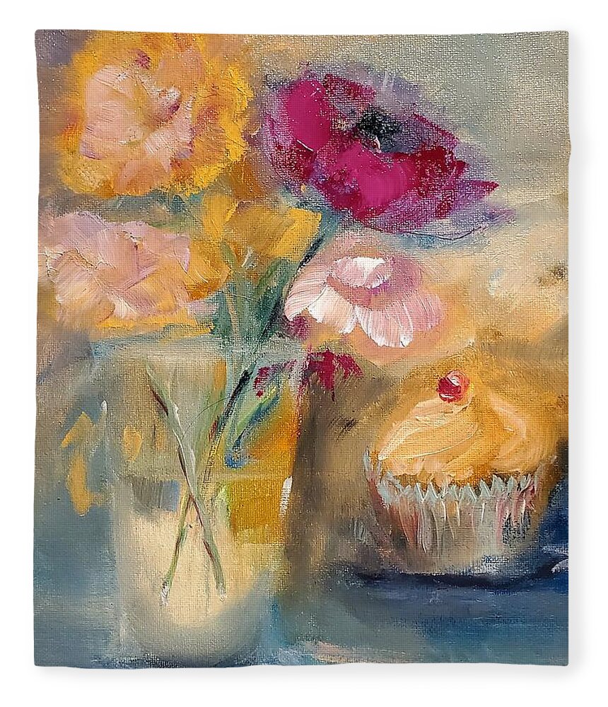 Cake Fleece Blanket featuring the painting A little Cake And Flowers Today by Lisa Kaiser