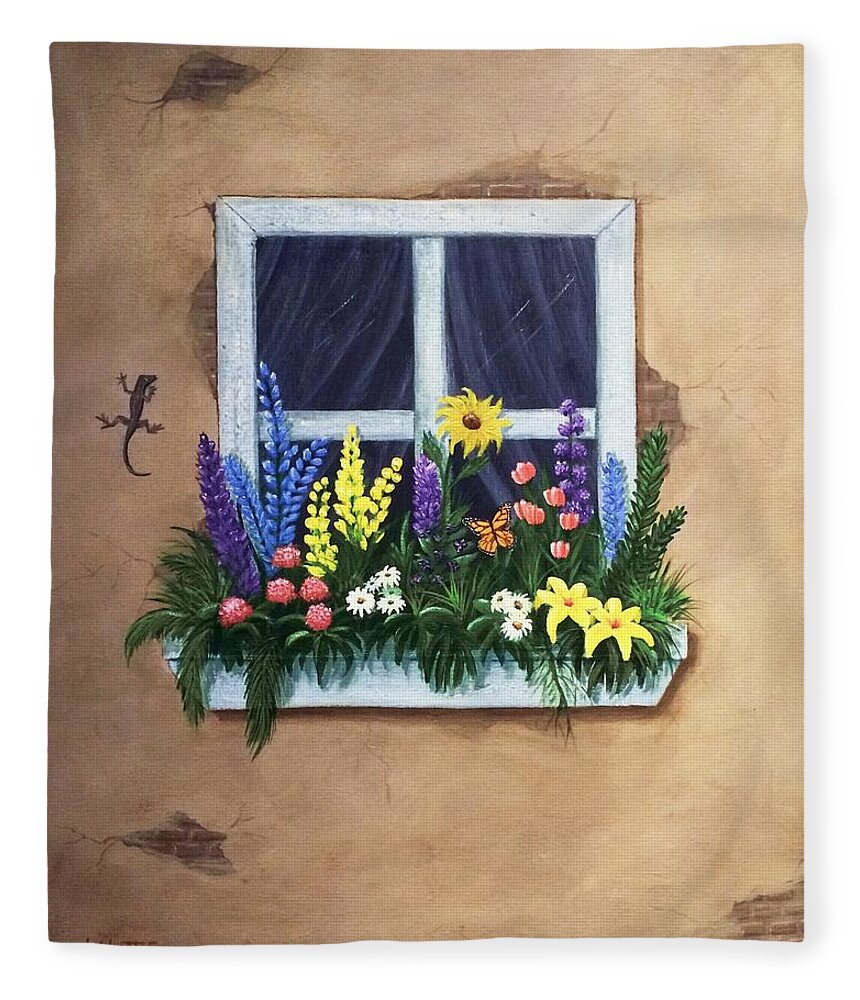 Flowers Fleece Blanket featuring the painting A Lizard's Hideaway by Marlene Little