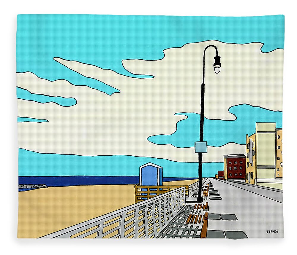 Long Beach Boardwalk Long Island Ocean Sand New York Beach Fleece Blanket featuring the painting A Long Beach Morning by Mike Stanko