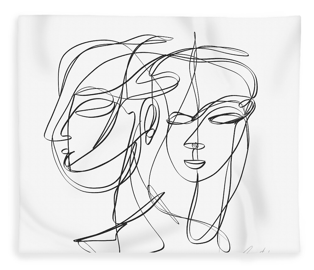 Sketch Fleece Blanket featuring the digital art A one-line abstract drawing depicting two faces in a symbiotic relationship by OLena Art