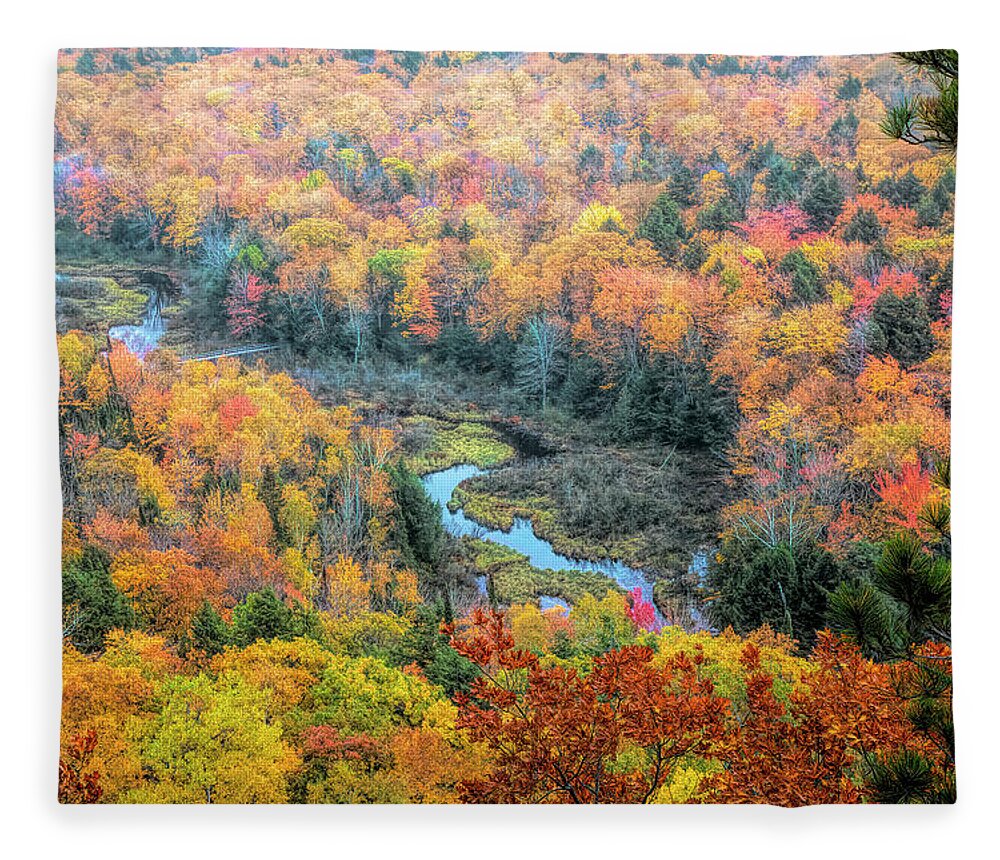 Michigan Fleece Blanket featuring the photograph A River Runs Through Fall Colors by Cheryl Strahl