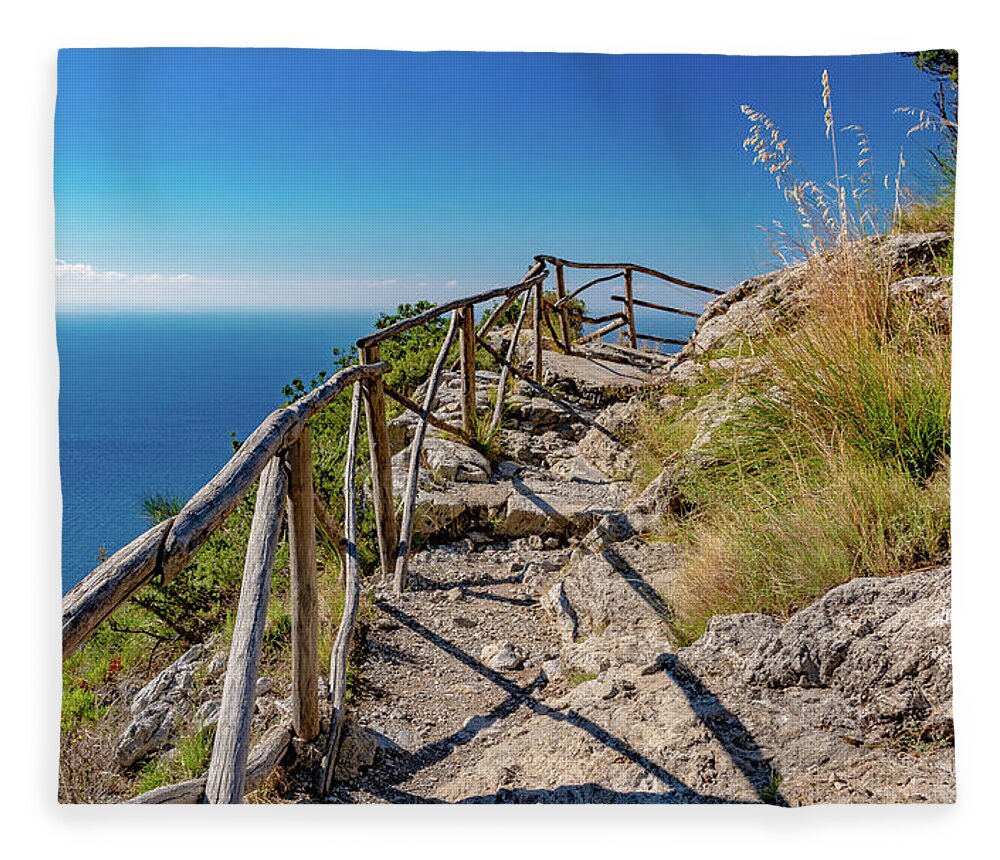 Amalfi Fleece Blanket featuring the photograph A Rocky Trail Above An Azure Sea by David Downs
