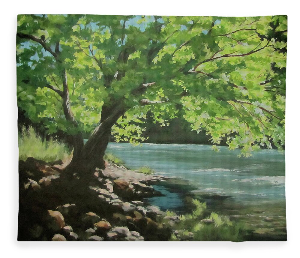 River Fleece Blanket featuring the painting A Tree's Life by Karen Ilari