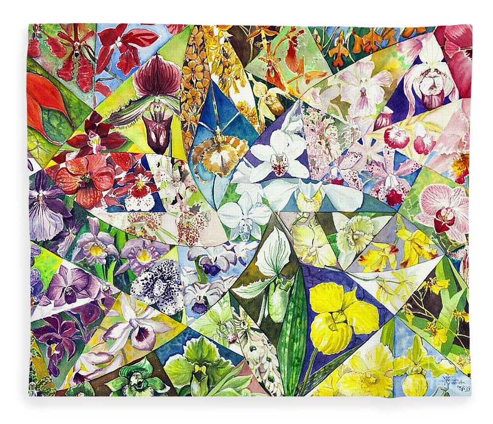 Aos Fleece Blanket featuring the painting A Whirl of Orchids by Merana Cadorette