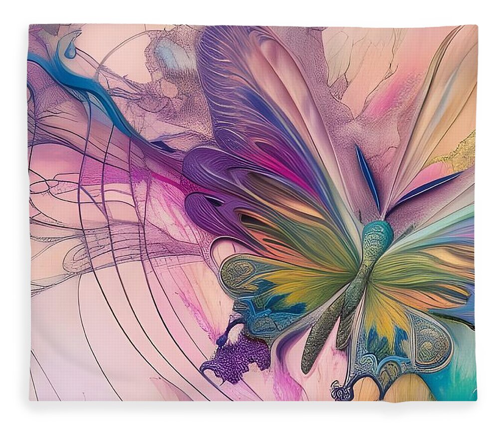 Digital Butterfly Abstract Pasteis Fleece Blanket featuring the digital art Abstract Butterfly in Pastels by Beverly Read
