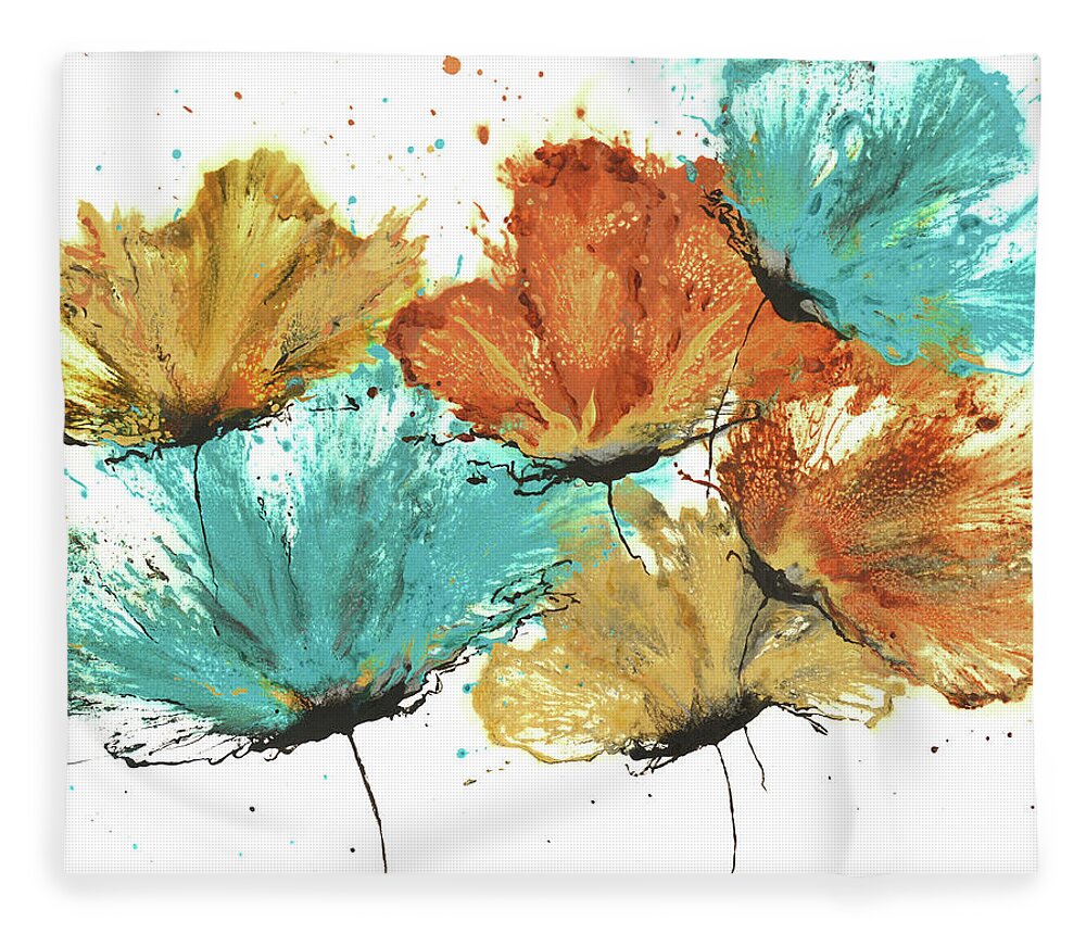 Abstract Flowers Fleece Blanket featuring the painting Abstract Flowers Bouquet Teal Orange Yellow by Catherine Jeltes