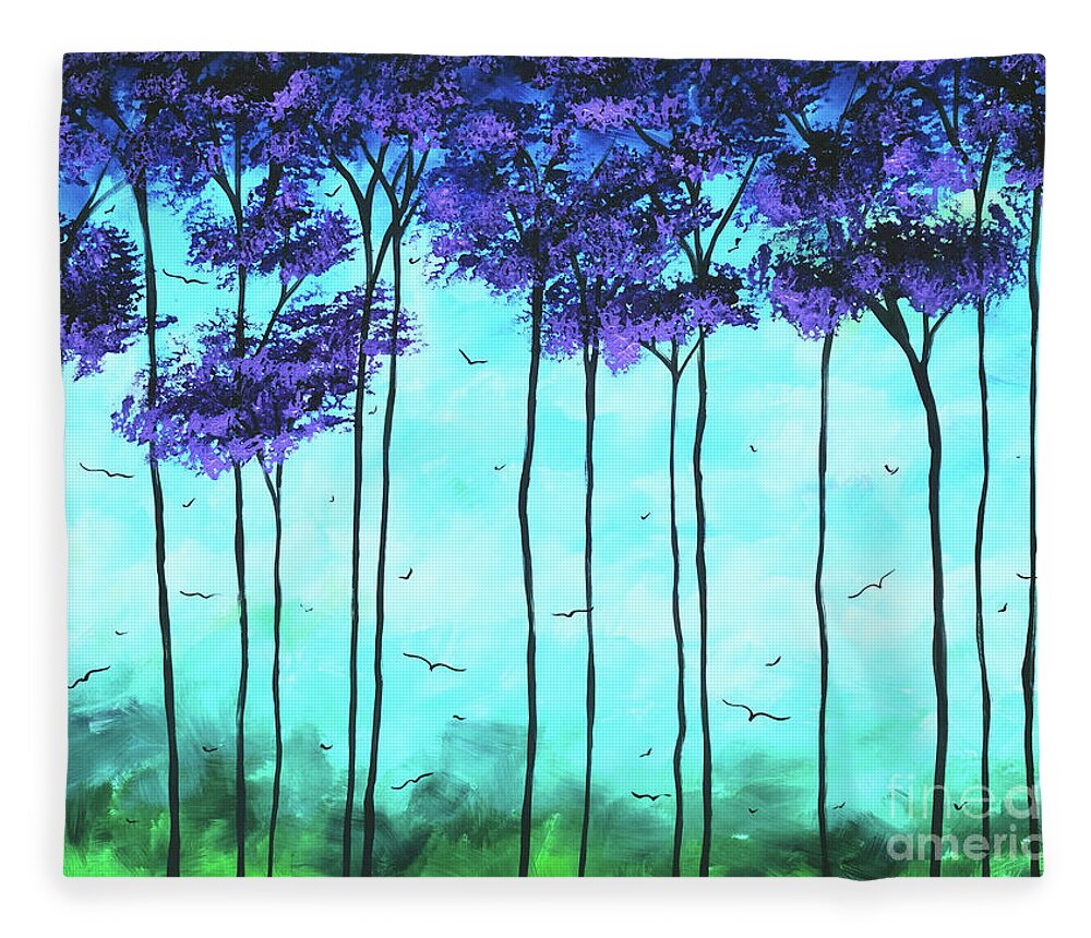 Abstract Art Fleece Blanket featuring the painting Abstract Landscape Purple Trees Paintings Bird Megan Duncanson Modern Artwork by Megan Aroon