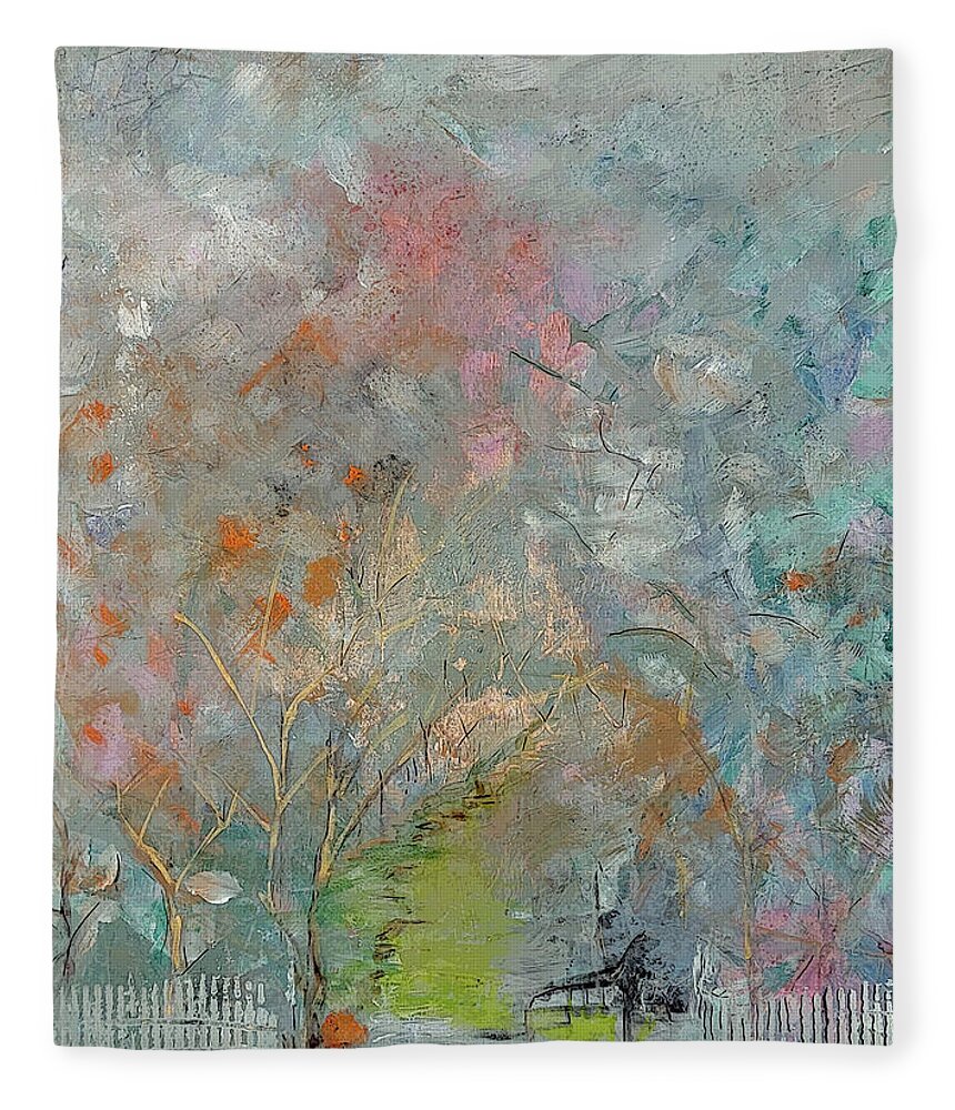 Landscape Fleece Blanket featuring the painting Abstract Landscape with Fence by Lisa Kaiser