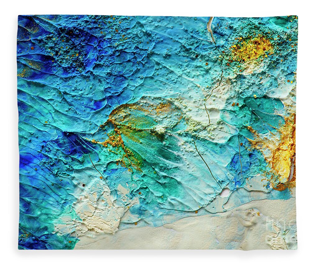 Paint Fleece Blanket featuring the painting Abstract oil paint background. Golden and aquamarine color on wh by Jelena Jovanovic