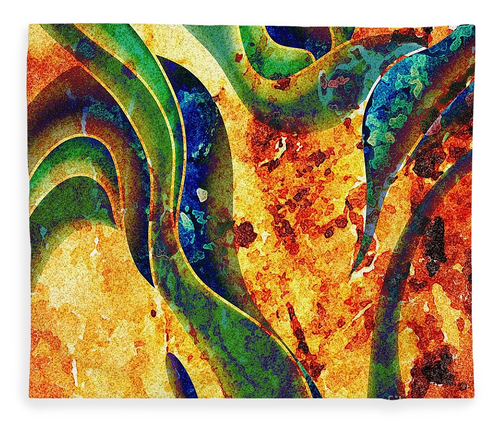 Abstract Fleece Blanket featuring the painting Abstract Pattern yellow, blue green by Patricia Piotrak
