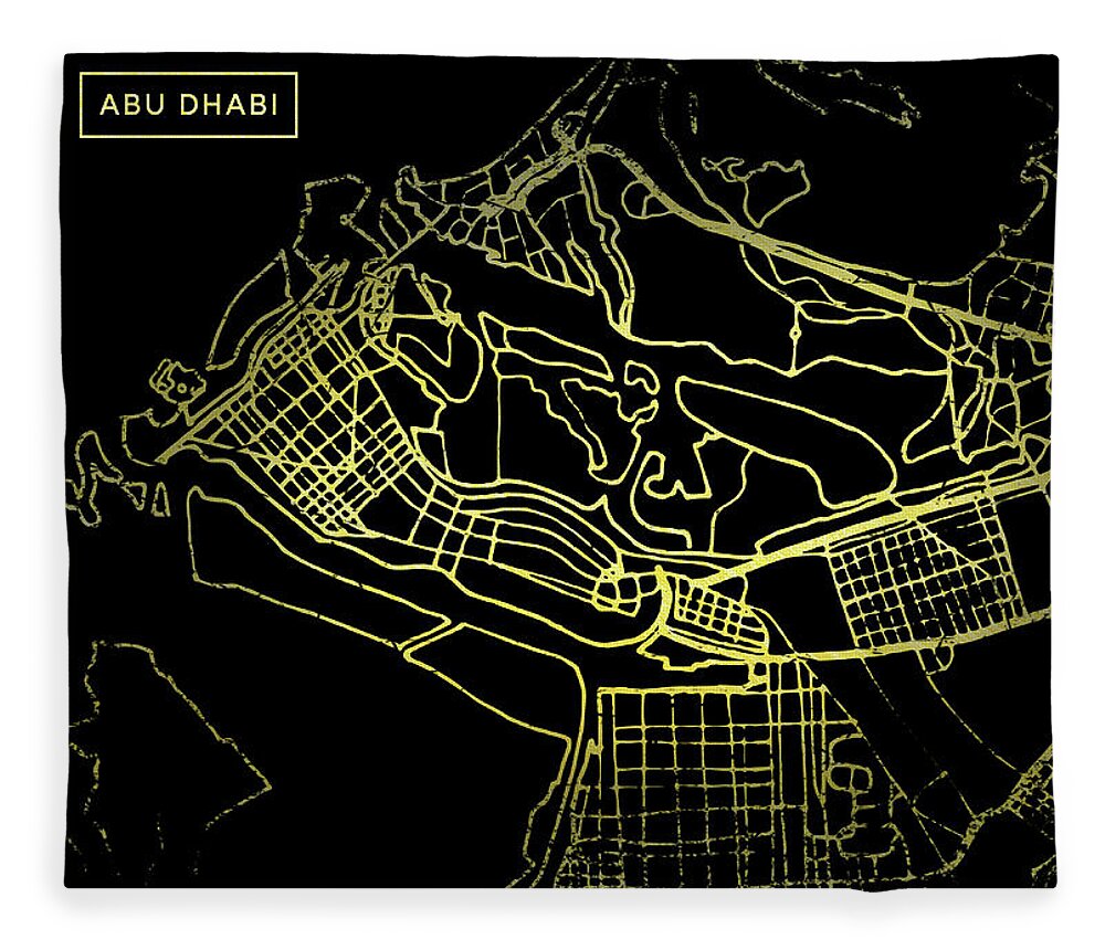 Map Fleece Blanket featuring the digital art Abu Dhabi Map in Gold and Black by Sambel Pedes