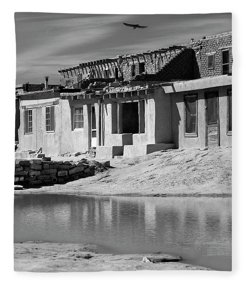 Acoma Pueblo Fleece Blanket featuring the photograph Acoma Pueblo Adobe Homes B W by Mike McGlothlen