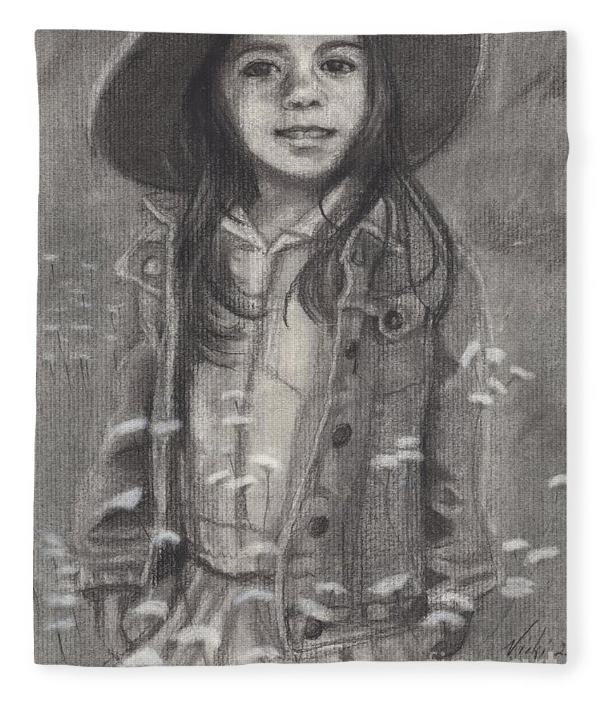 Child In Hat Fleece Blanket featuring the drawing Adventure Girl by Vicki B Littell